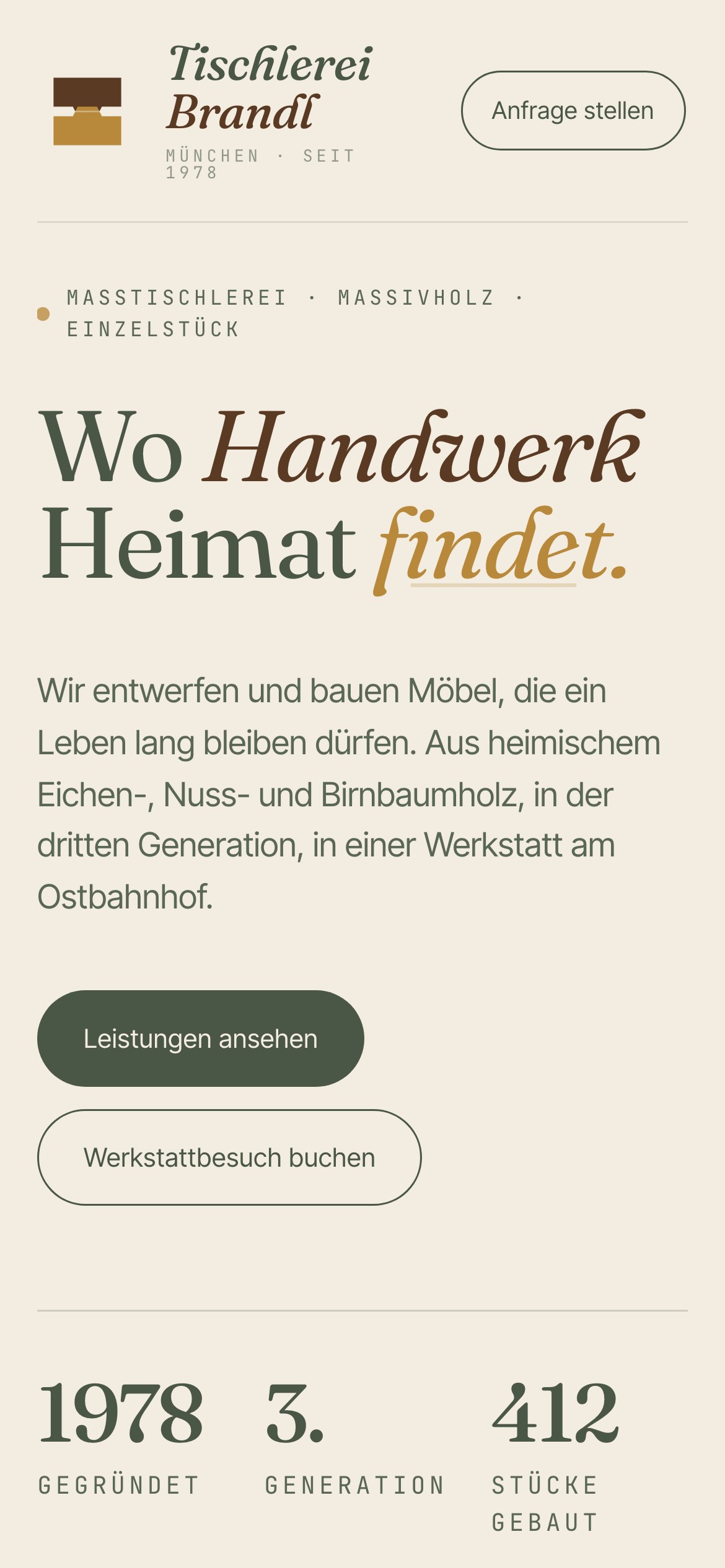 Mobile Ansicht der Beispiel-Website — Tischlerei Brandl München