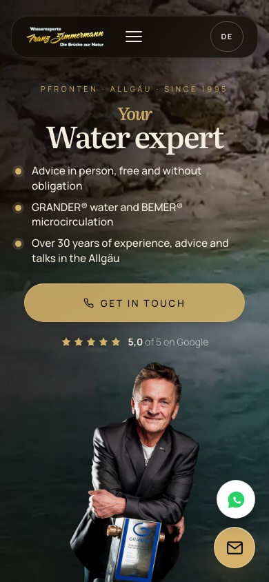 Mobile view of the Franz Zimmermann website: Your Water expert