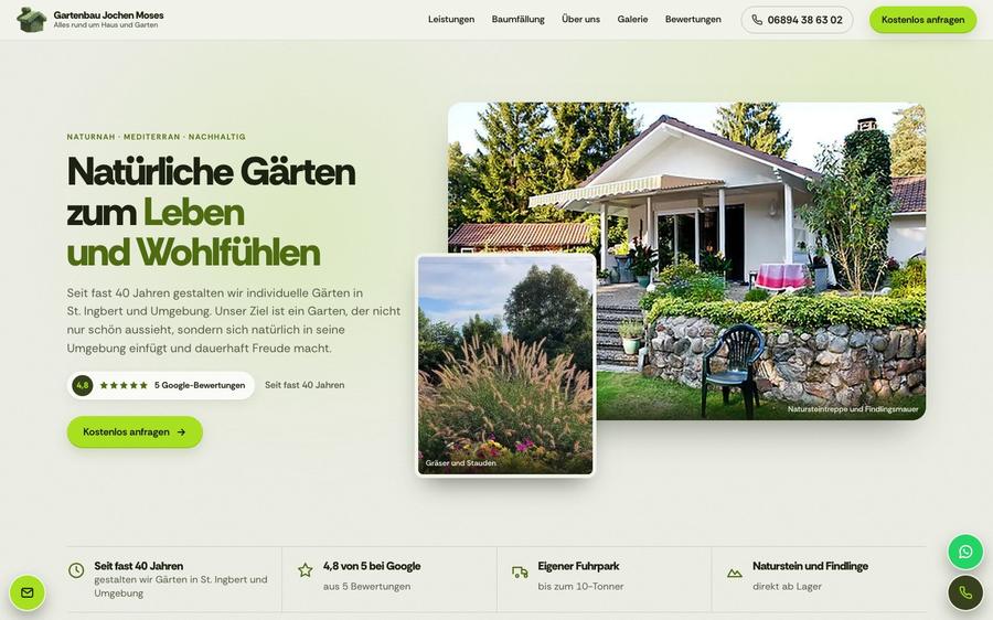 Website by WeRefine for Gartenbau Jochen Moses with the headline Natürliche Gärten zum Leben und Wohlfühlen (Natural gardens to live in and feel good in)
