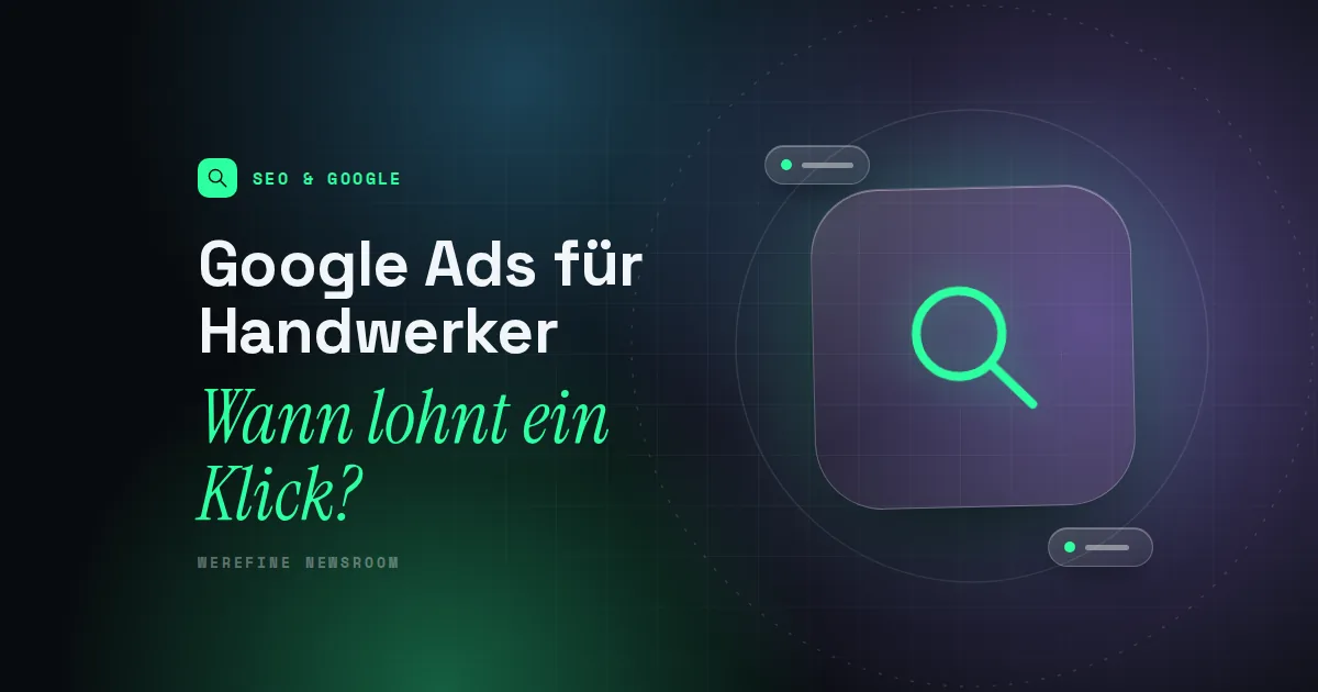 Titelbild mit dem Schriftzug Google Ads für Handwerker und einem Lupen-Piktogramm