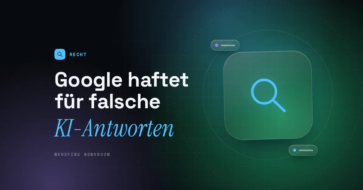 Titelbild mit dem Schriftzug Google haftet für falsche und einem Lupen-Piktogramm