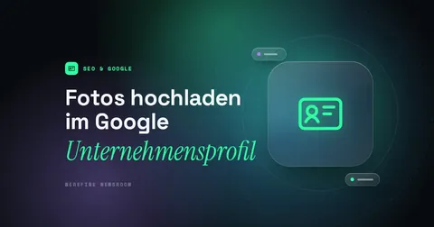 Titelbild mit dem Schriftzug Fotos hochladen im Google und einem Profilkarten-Piktogramm