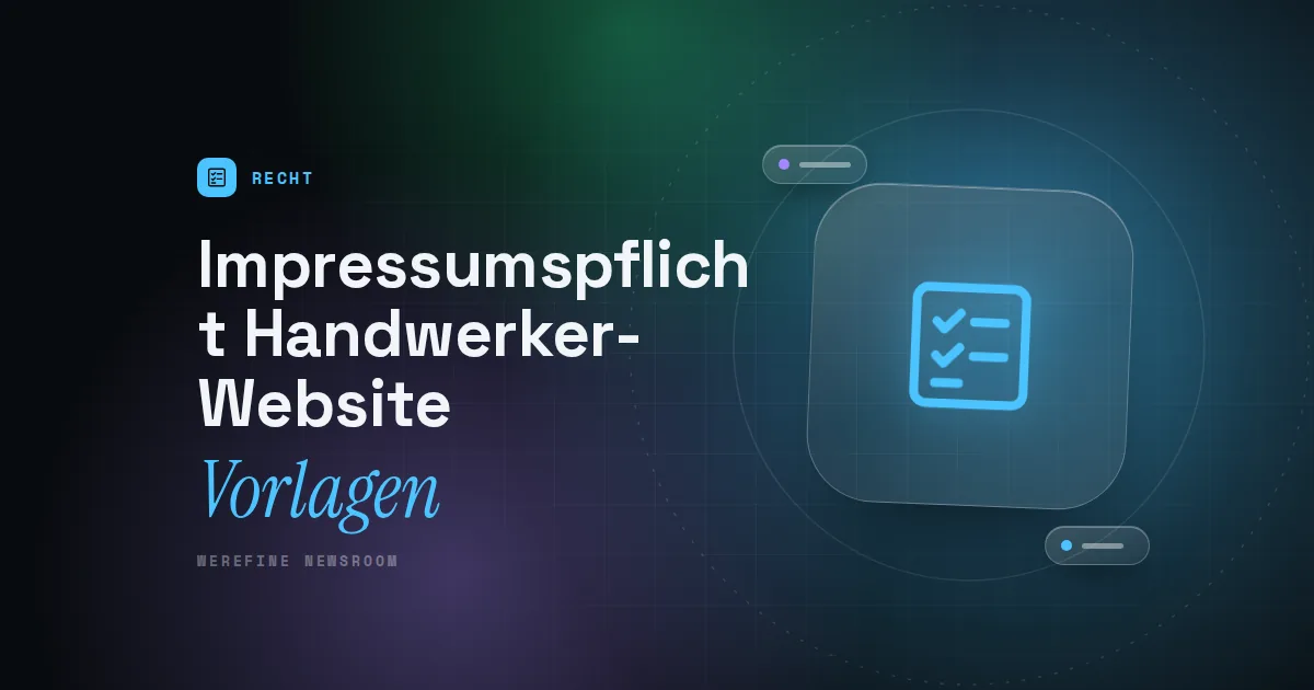 Titelbild mit dem Schriftzug Impressumspflicht Handwerker-Website und einem Checklisten-Piktogramm