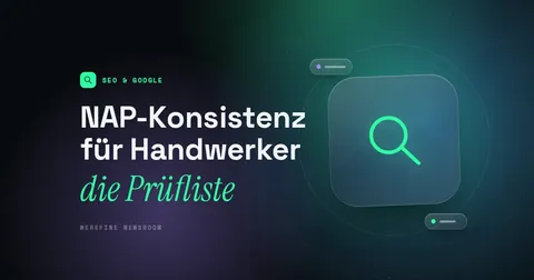 Titelbild mit dem Schriftzug NAP-Konsistenz für Handwerker und einem Lupen-Piktogramm