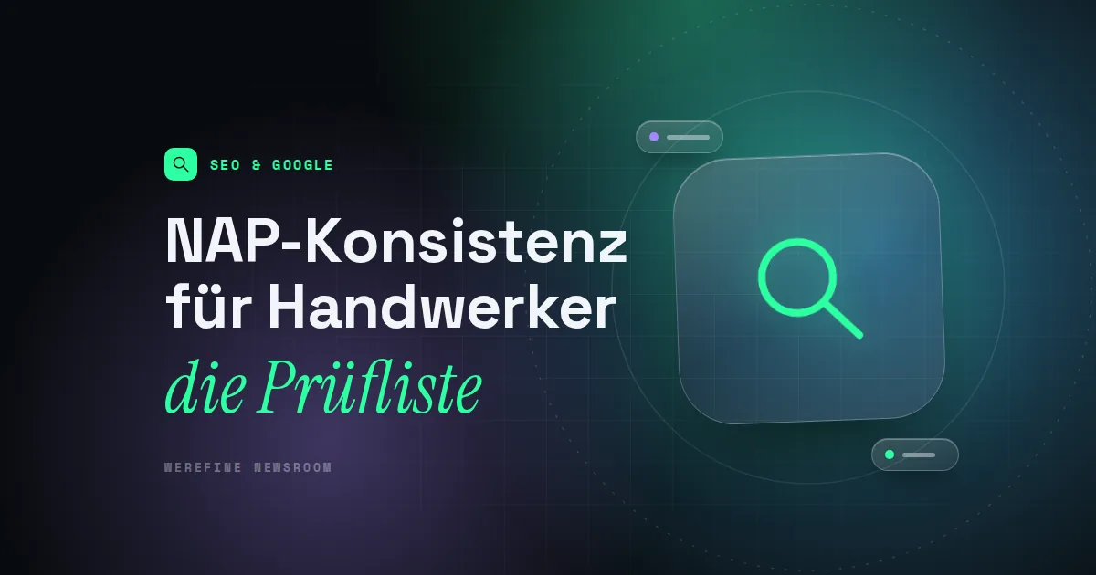 Titelbild mit dem Schriftzug NAP-Konsistenz für Handwerker und einem Lupen-Piktogramm