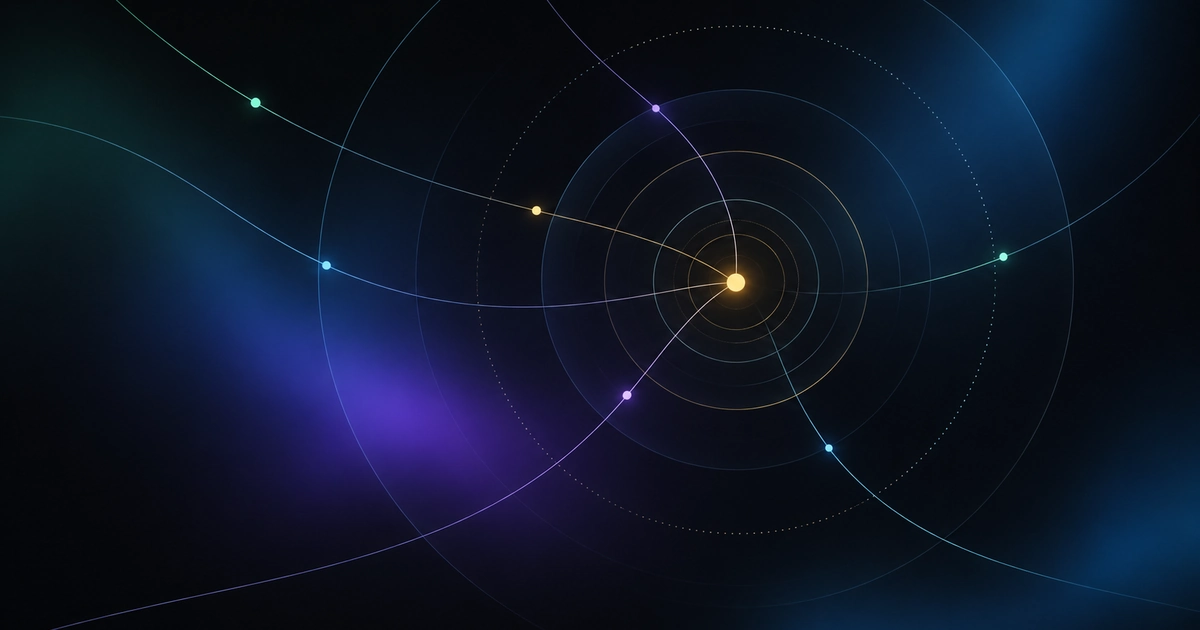 Abstrakte Illustration: dünne konzentrische Kreise breiten sich um einen leuchtenden goldenen Punkt aus, feine Linien mit kleinen farbigen Punkten laufen von den Rändern darauf zu, auf dunklem Grund mit violetten und blauen Lichtflächen