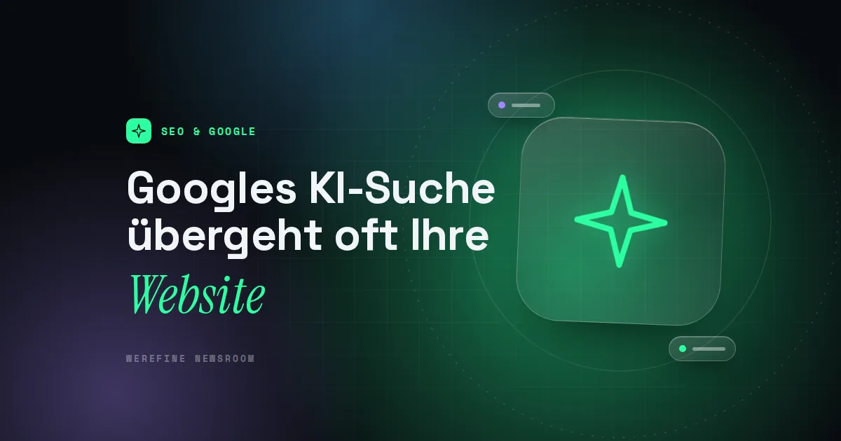 Titelbild mit dem Schriftzug Googles KI-Suche übergeht oft Ihre und einem Funken-Piktogramm