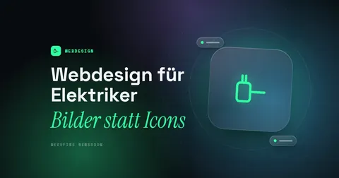 Titelbild mit dem Schriftzug Webdesign für Elektriker und einem Stecker-Piktogramm
