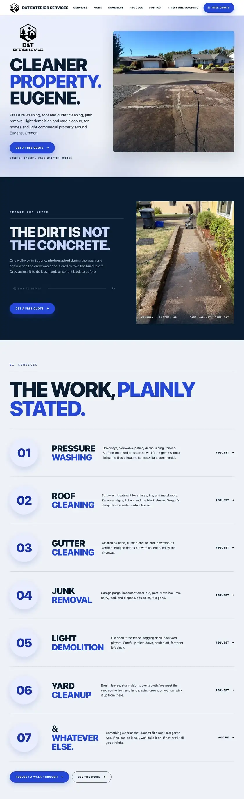 The first three sections of the DT Exterior Services website