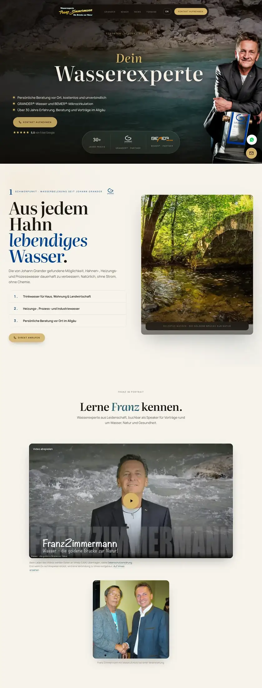Die ersten drei Abschnitte der Website von Franz Zimmermann