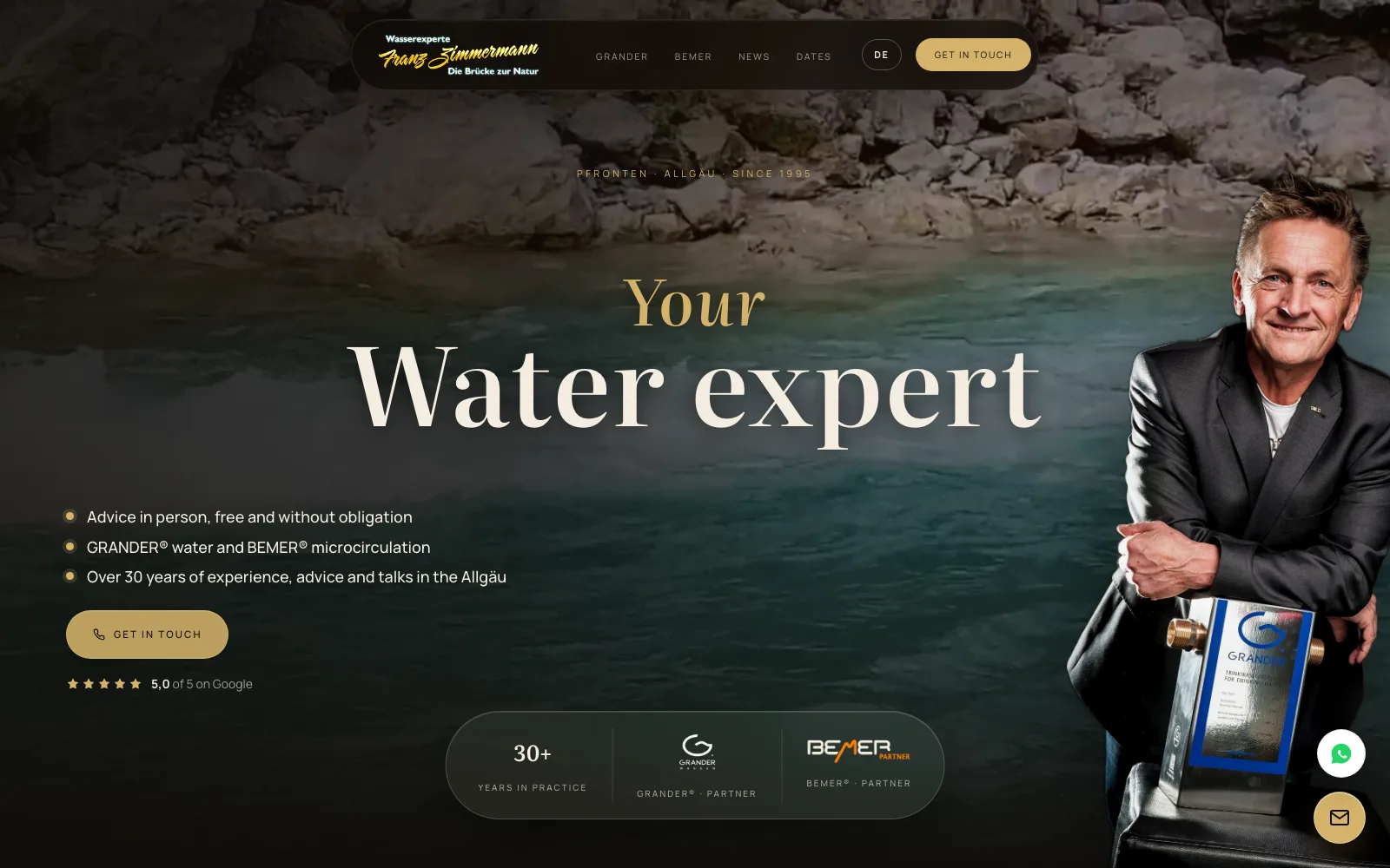Franz Zimmermann website with the Your Water expert title visible