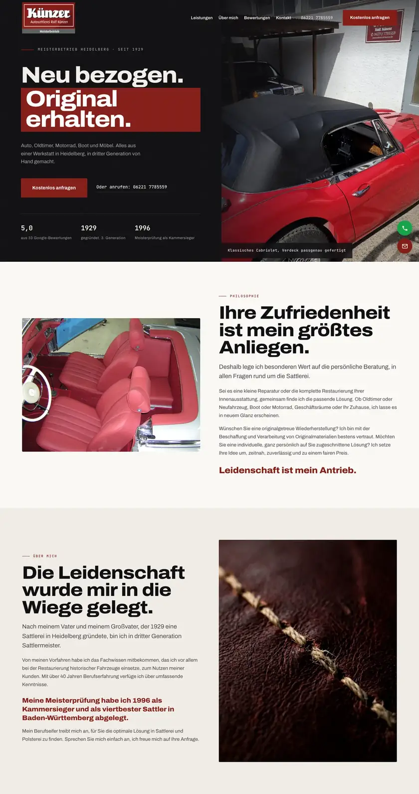 The first three sections of the Autosattlerei Künzer website