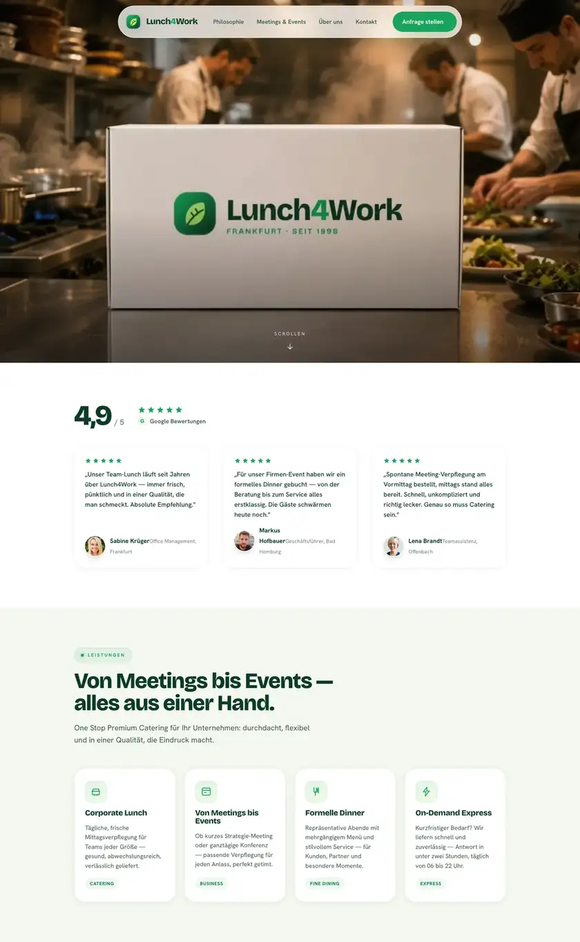 The first three sections of the Lunch4Work website