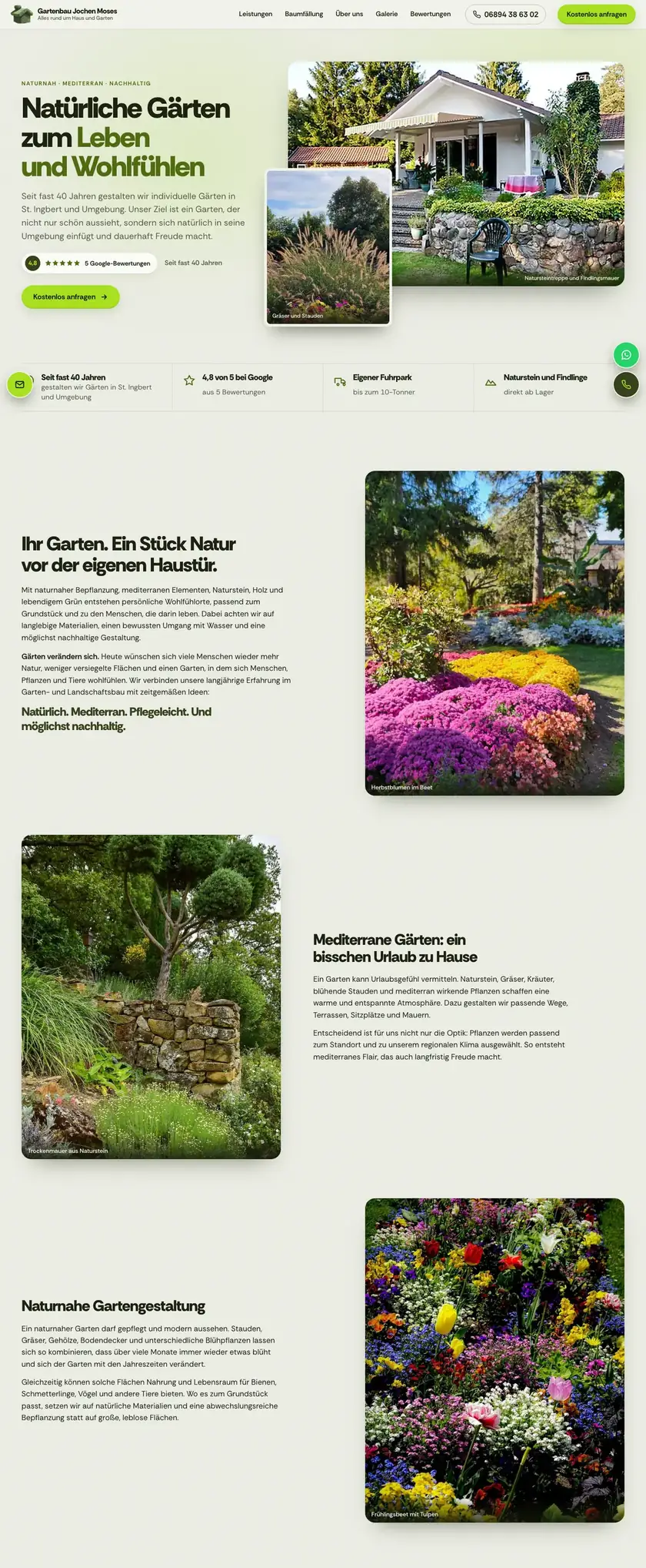 The first three sections of the Gartenbau Jochen Moses website