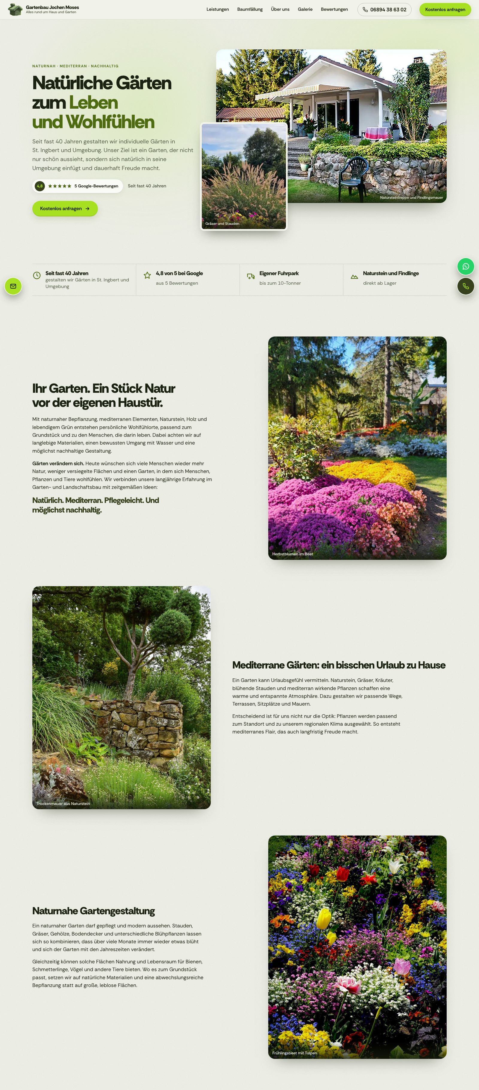 The first three sections of the website WeRefine built for Gartenbau Jochen Moses