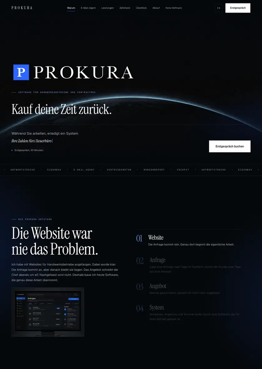 The first three sections of the Prokura website