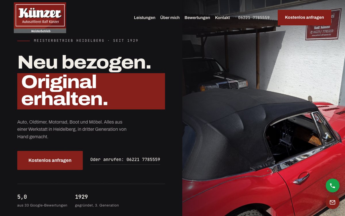 Screenshot der WeRefine-Website für die Autosattlerei Künzer