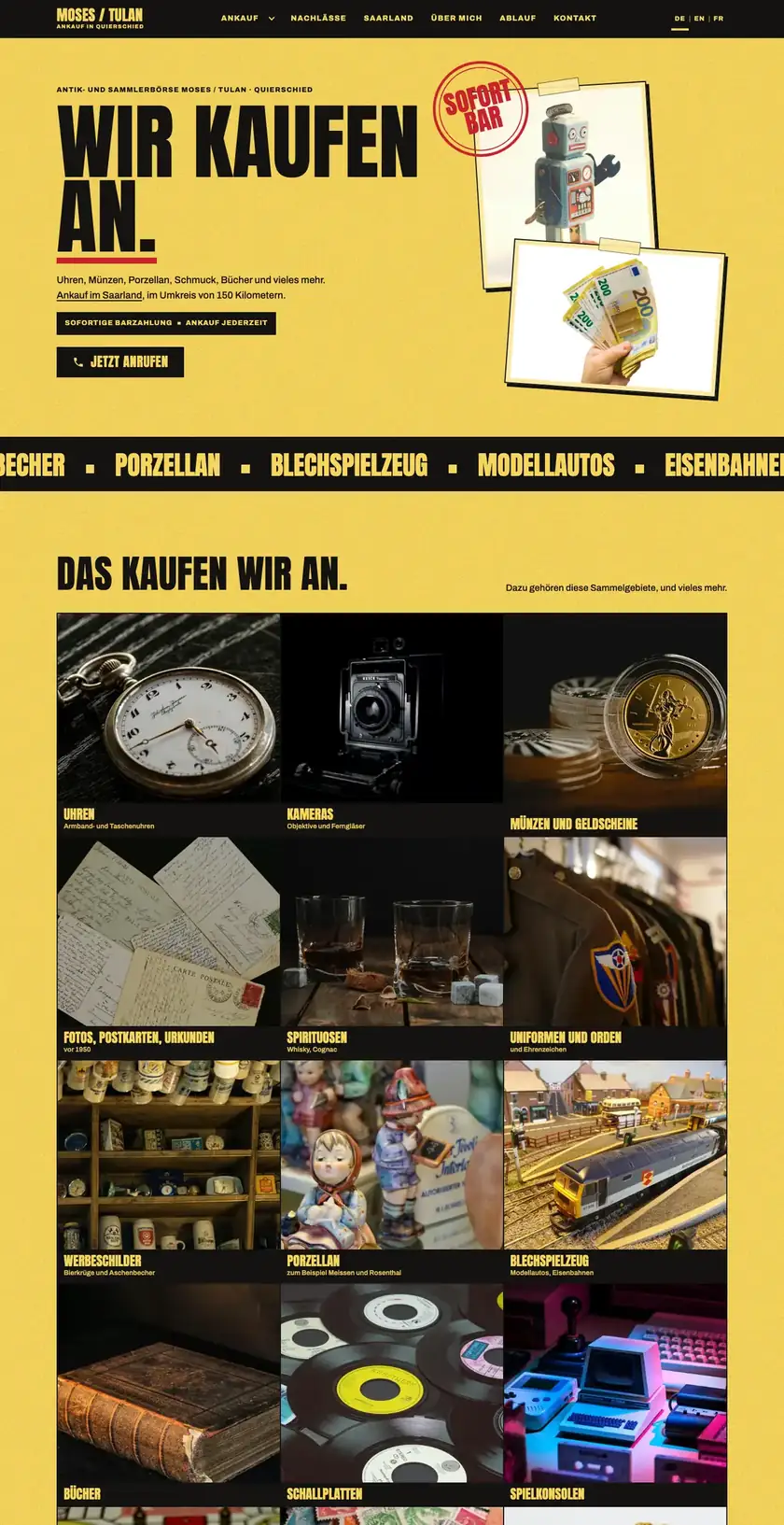 The first three sections of the Antik- und Sammlerbörse Tulan website