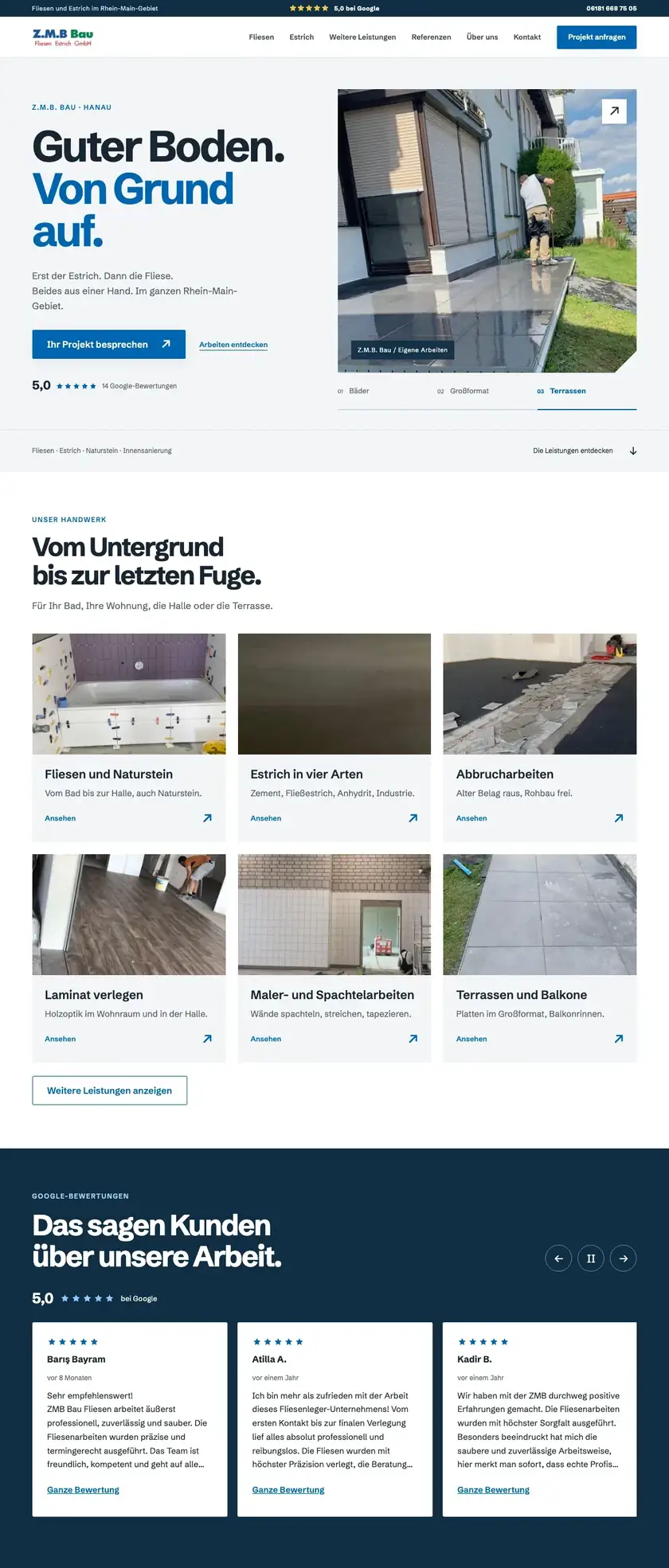 The first three sections of the Z.M.B. Bau Fliesen Estrich website