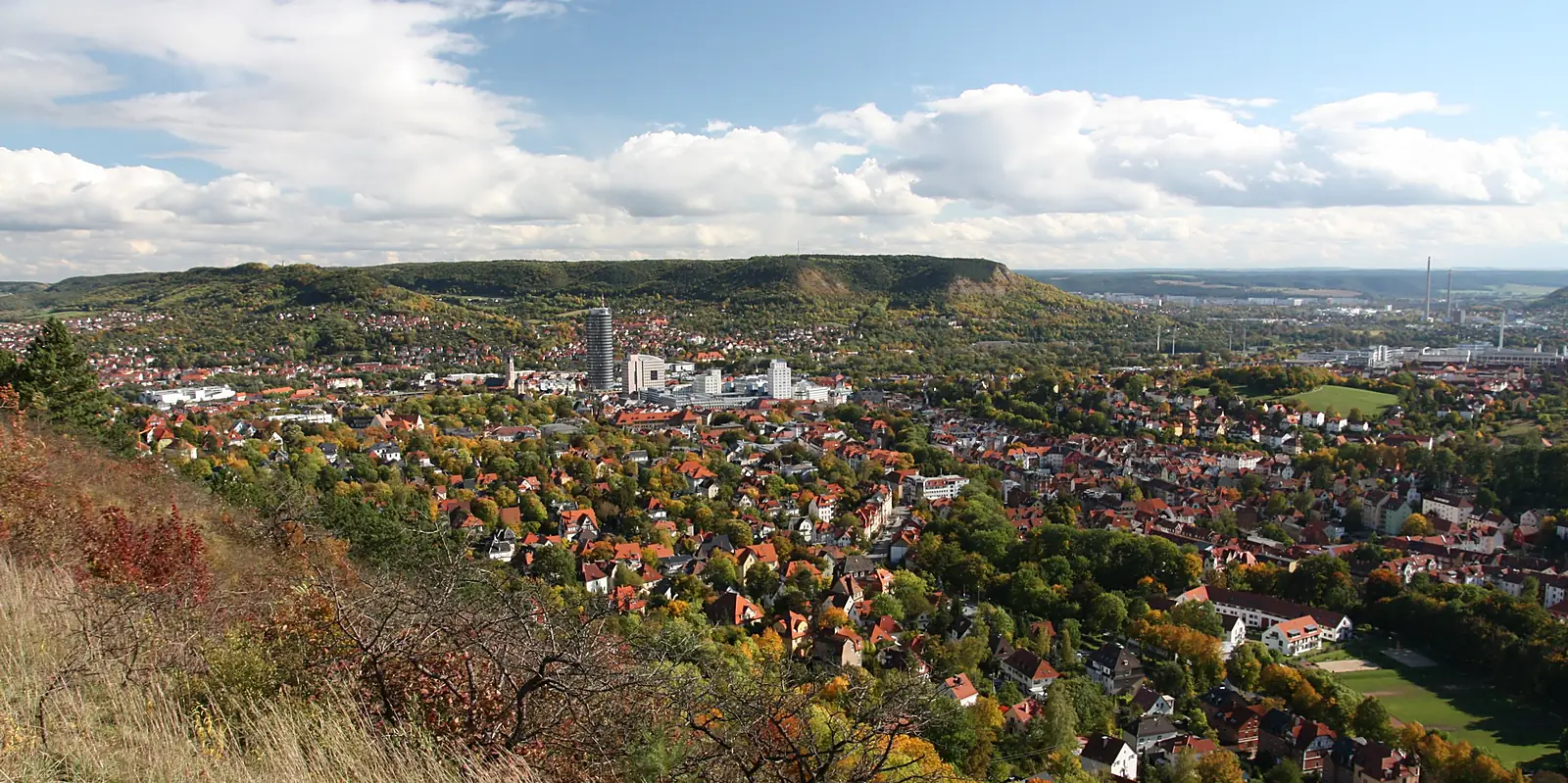 Blick von einem Hang auf Jena mit JenTower, Wohnvierteln und bewaldeten Hügeln im Herbst
