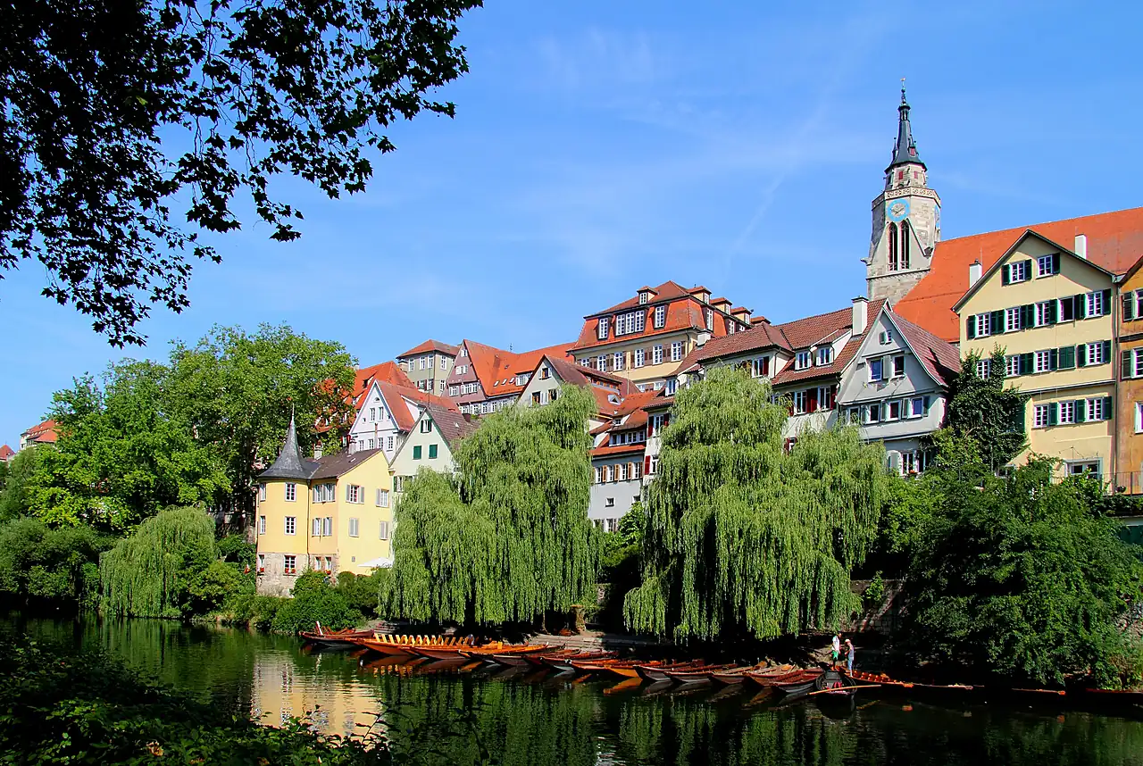 Tübinger Neckarfront mit bunten Häusern, Trauerweiden, Stocherkähnen am Ufer und einem Kirchturm